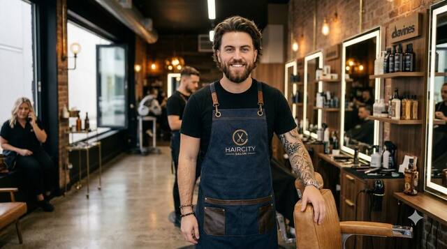 Barber standing in the Hair City Salon studio, apron branded with the salon's crest